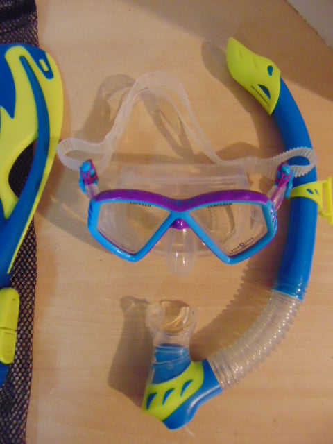 Snorkel Dive Fins Set Child Shoe Size 1-4 Cressi Sub European Teal Yellow Purple Fantastic Quality