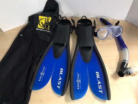Snorkel Dive Fins Set Child Shoe Size 3-6 Youth Aqua Lung Blue Black With Bag