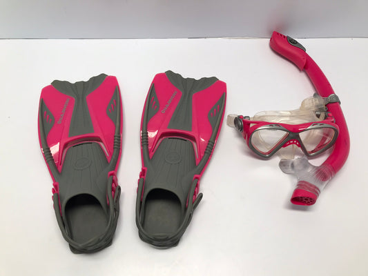 Snorkel Dive Fins Set Child Shoe Size 9-13 US Divers Grey Raspberry As New