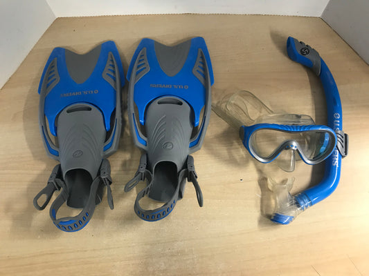 Snorkel Dive Fins Set Child Size 3-6 Shoe Size Youth US Divers Blue Grey As New