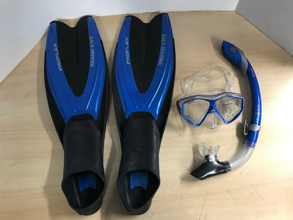 Snorkel Dive Fins Set Men's Shoe Size 9.5-11 US Divers Pro Flex And Other Blue Black