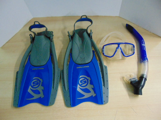 Snorkel Dive Fins Set Men's Size 10-13 Shoe Sea Doo And Other Blue Grey