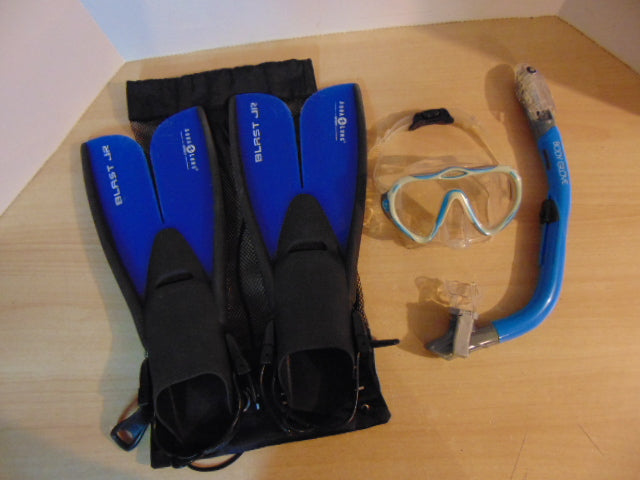 Snorkel Dive Fins Set Child Shoe Size 1-4 Aqua Fins and US Divers Blue Black