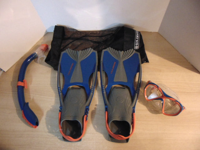 Snorkel Dive Fins Set Ladies Shoe Size 5-8 US Divers Blue Grey Coral Excellent
