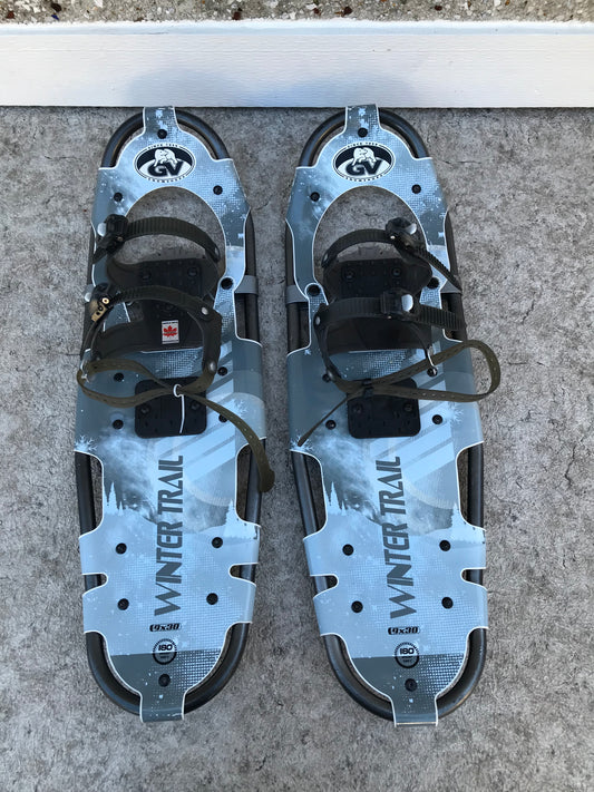 Snowshoes Men's Size 30 Large Shoe Size 11-13 Winter Trail Grey Blue 1 Strap Clip Broke Using Snap Tie