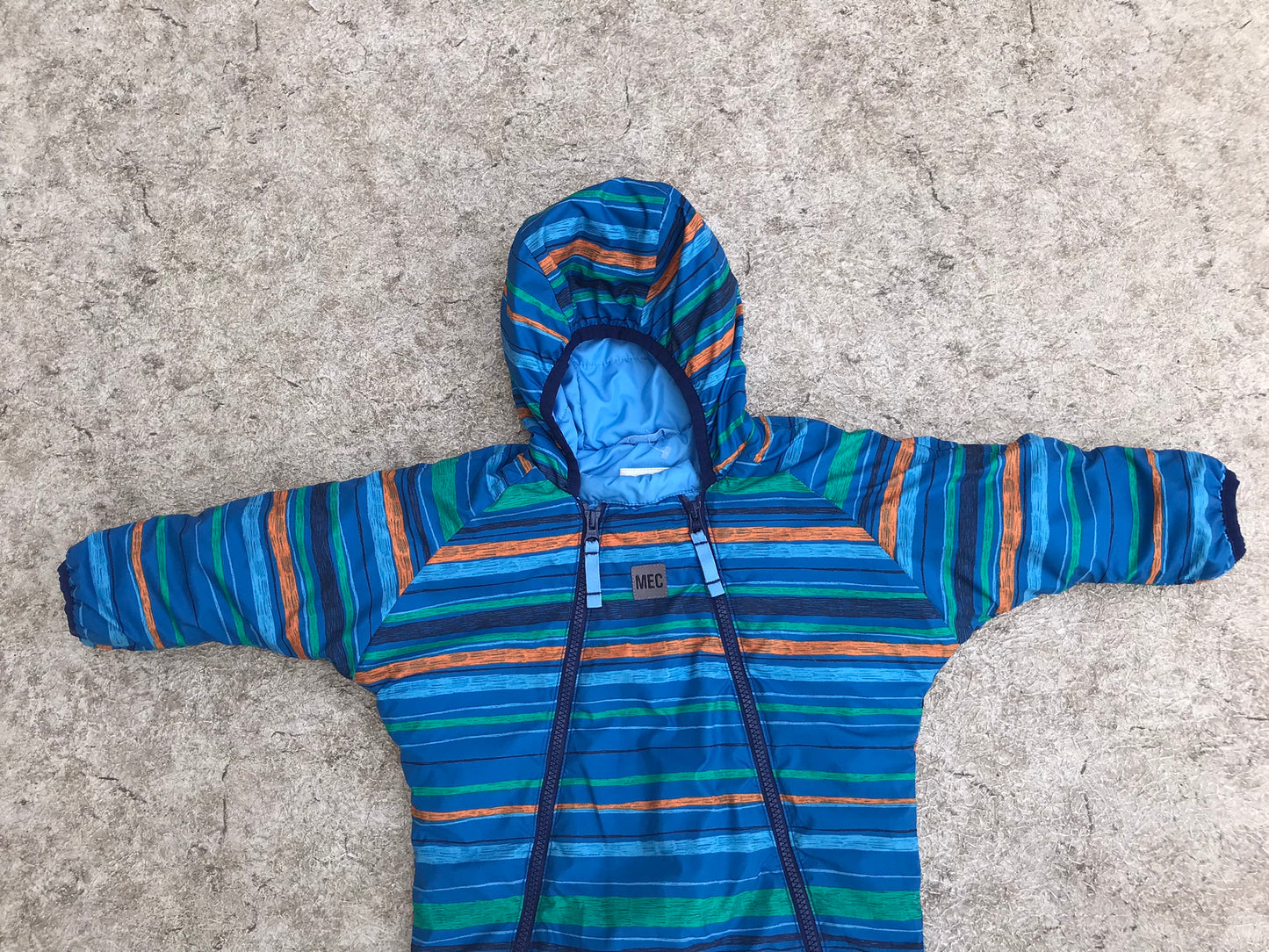 Snowsuit Child Size 18 Month MEC Blue Multi With Hand And Feet Mitts Open or Covered Small Tear On Leg