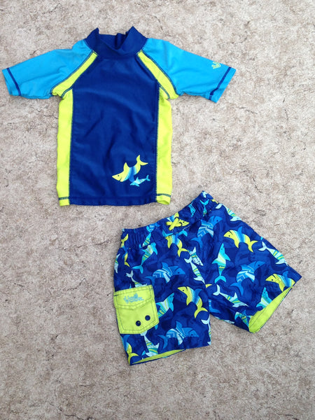 Sun Wear Child Size 12-18 Month UV Skins Sun and Swim 2 Pc Set Blue Lime 50+ Protect