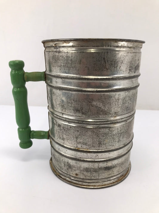 Vintage 1940's Shabby Browmwell's Multiple Mechanical Tin Flour Sifter Green Wood Handle Tall 7x5 inch Very RARE