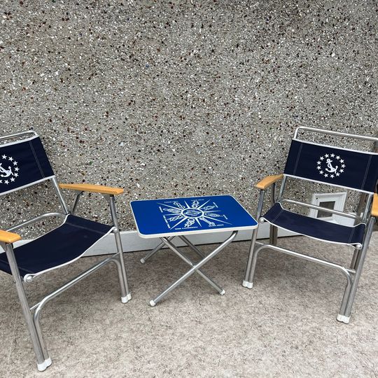 Vintage 1970's RARE Nautical Boat Chairs and Side Table Folding Aluminum Canvas RARE