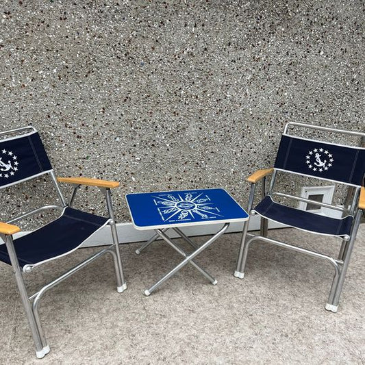 Vintage 1970's RARE Nautical Boat Chairs and Side Table Folding Aluminum Canvas RARE