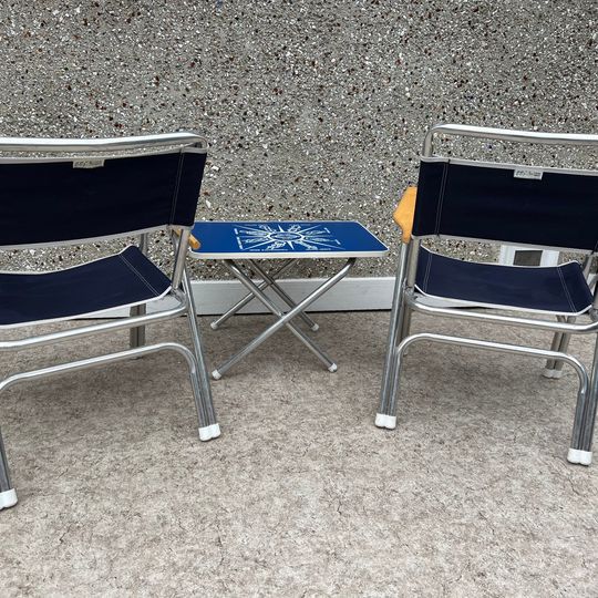 Vintage 1970's RARE Nautical Boat Chairs and Side Table Folding Aluminum Canvas RARE