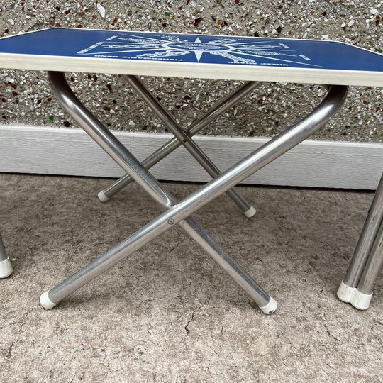 Vintage 1970's RARE Nautical Boat Chairs and Side Table Folding Aluminum Canvas RARE