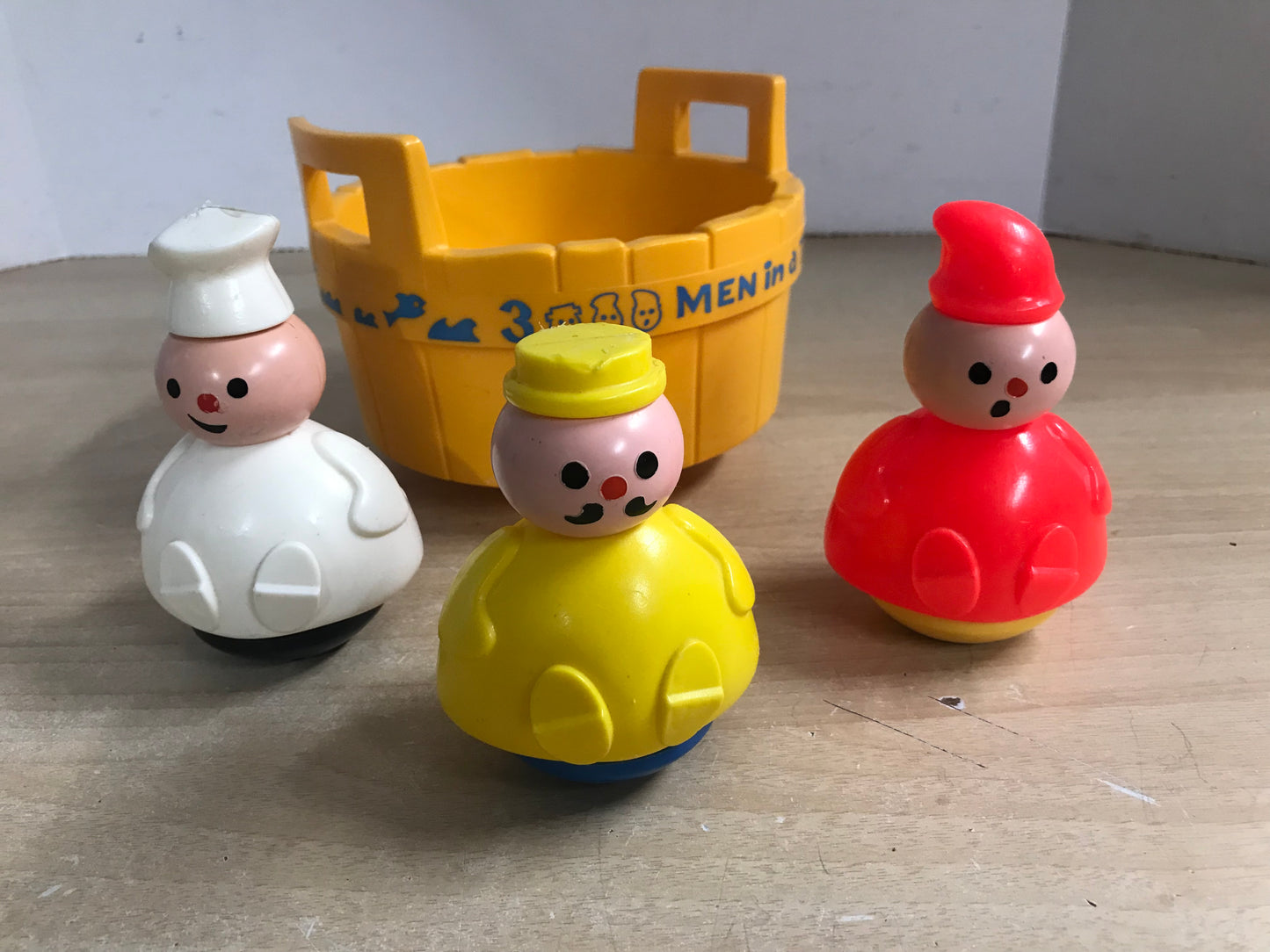 Fisher Price Vintage 1973 3 Men In Tub Roly Poly Butcher Baker Candle Stick Maker RARE Wear On Inside Bottom