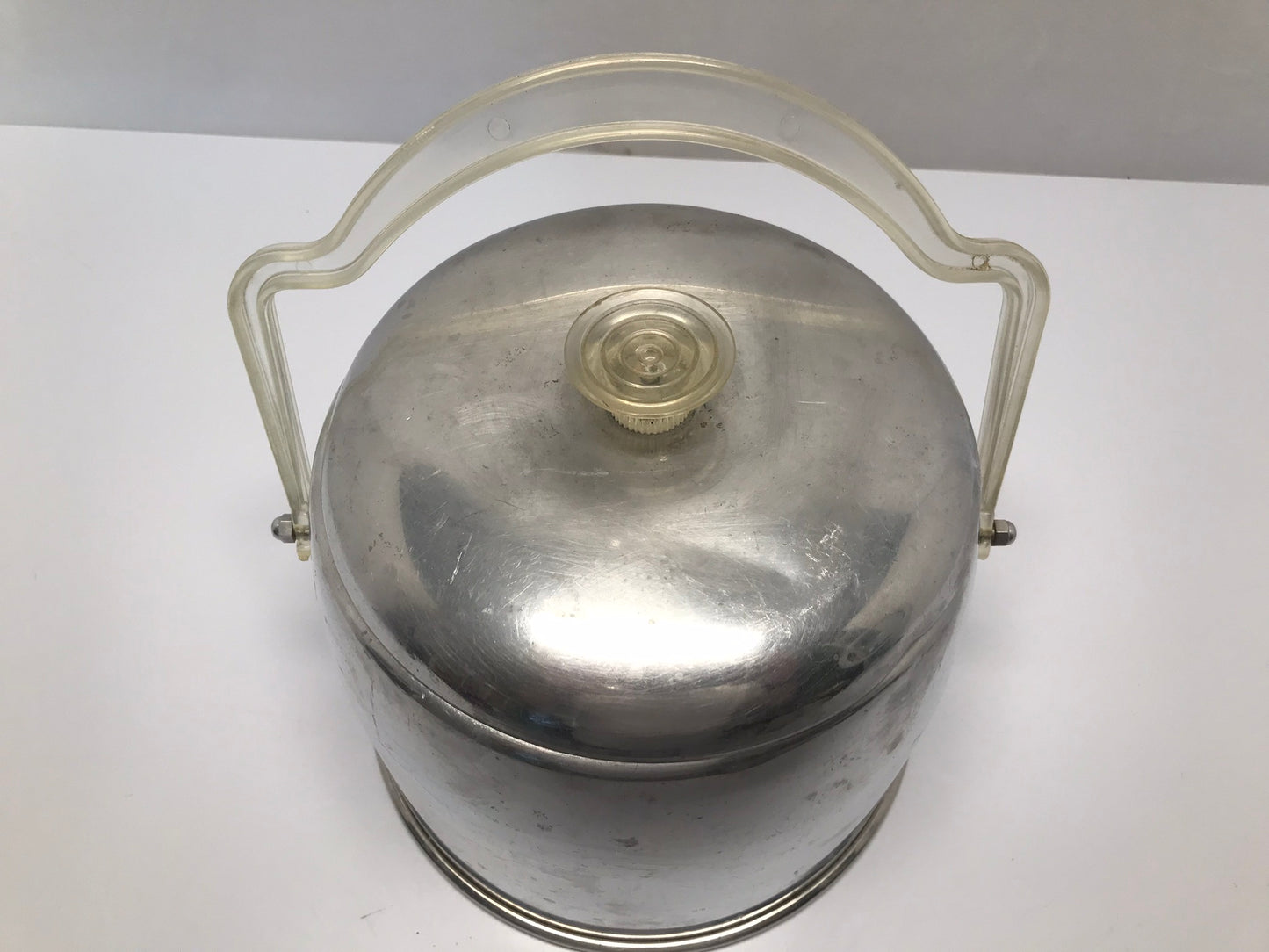 Vintage, Aluminum Kromex Ice Bucket with Lucite Handle and Knob Finial on Lid Swing Handle,Marked Kromex on Bottom Great For Fun Bar