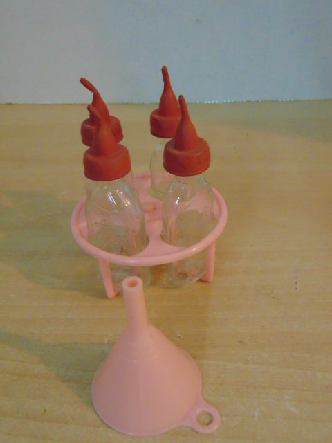 Vintage Reliable Doll Baby Glass Bottles With Rubber Nipples Funel and Bottle Holding Tray RARE Set