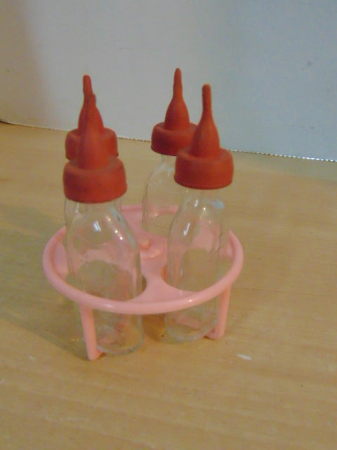 Vintage Reliable Doll Baby Glass Bottles With Rubber Nipples Funel and Bottle Holding Tray RARE Set