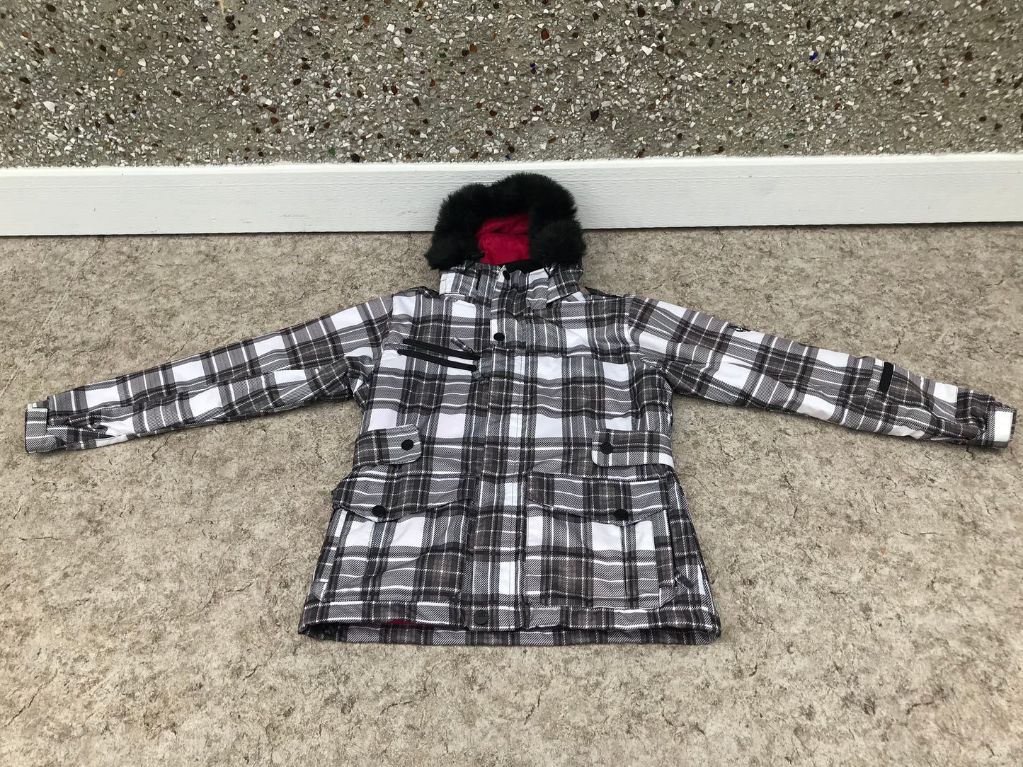 Winter Coat Child Size 14 Five Fifty Five Raspberry Black Faux Fur With Snow Belt Excellent