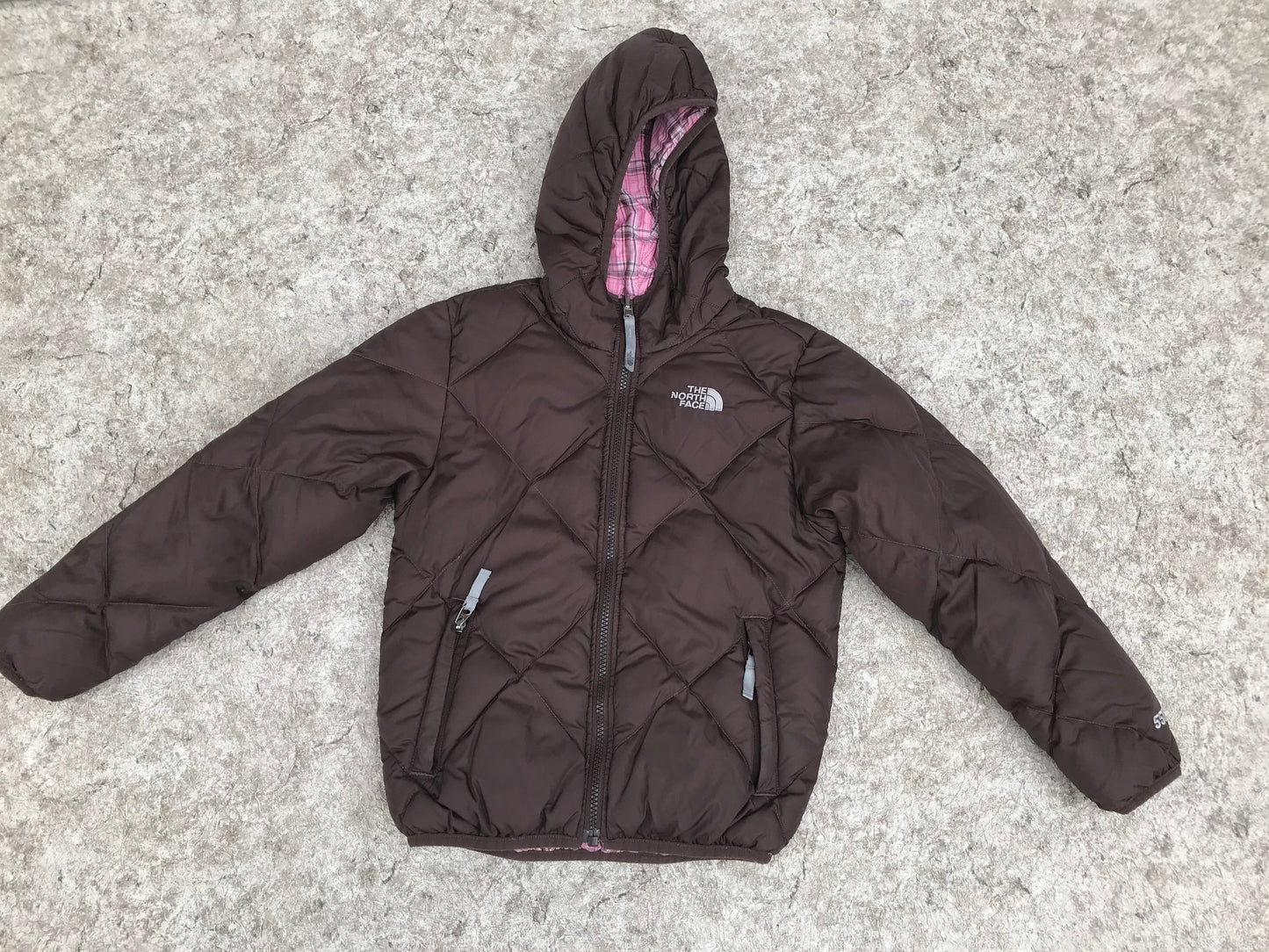 Winter Coat Child Size 7-8 The North Face 550 Goose Down Fill Small Repair Fixed Inside Brown Pink