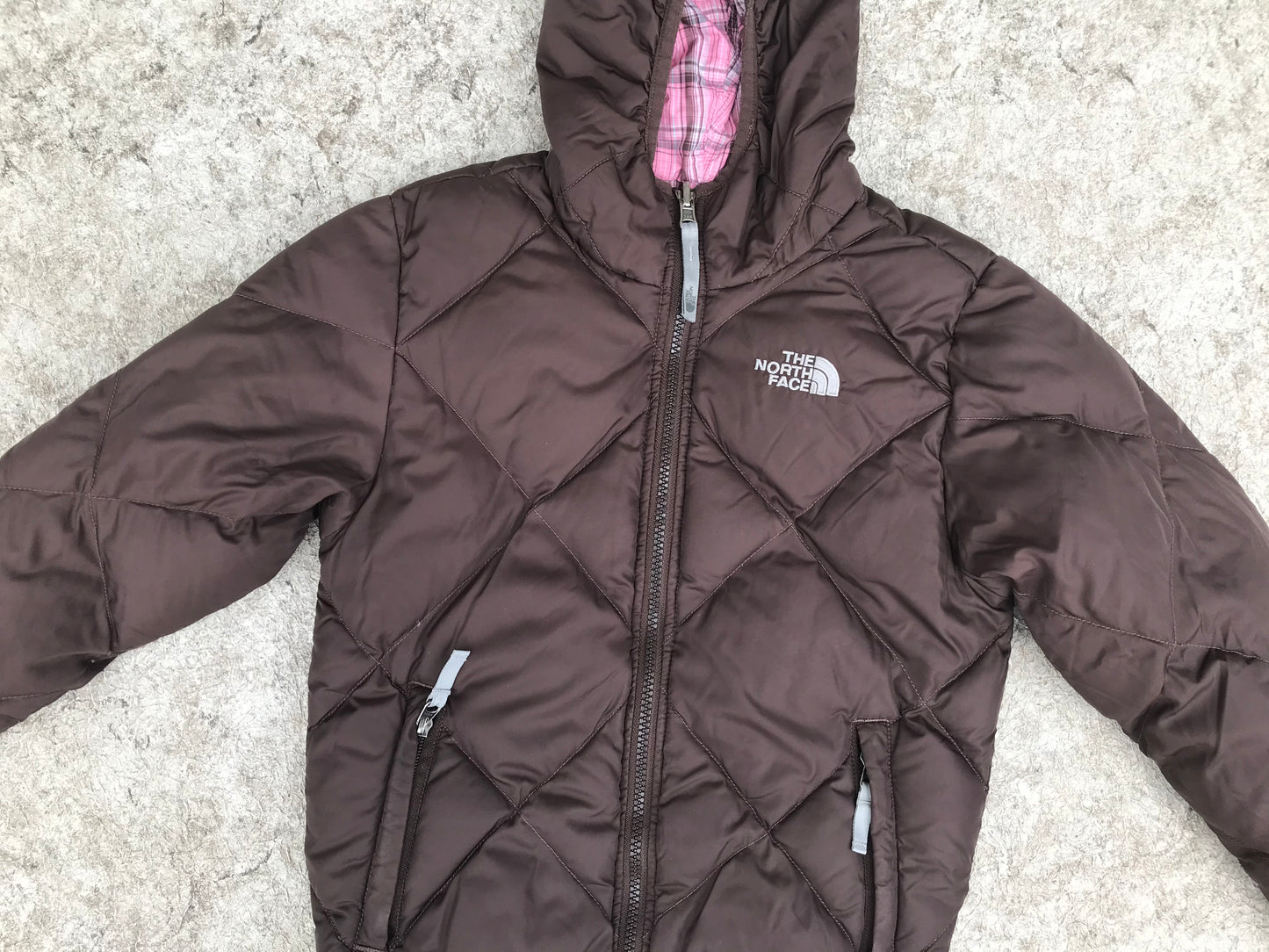 Winter Coat Child Size 7-8 The North Face 550 Goose Down Fill Small Repair Fixed Inside Brown Pink