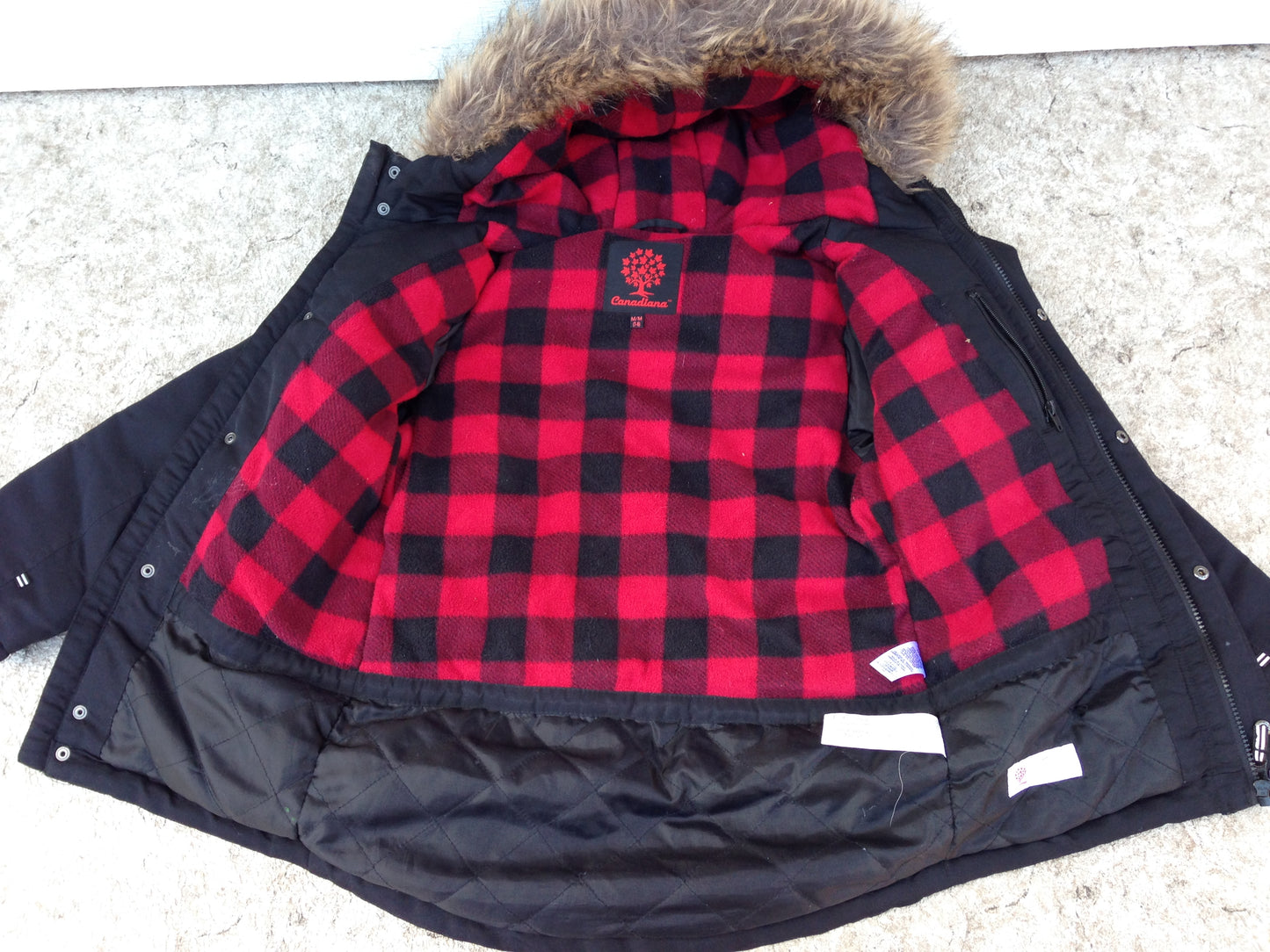 Winter Coat Child Size 7-8 Parka Canadiana Black Red Amazing Faux Fur