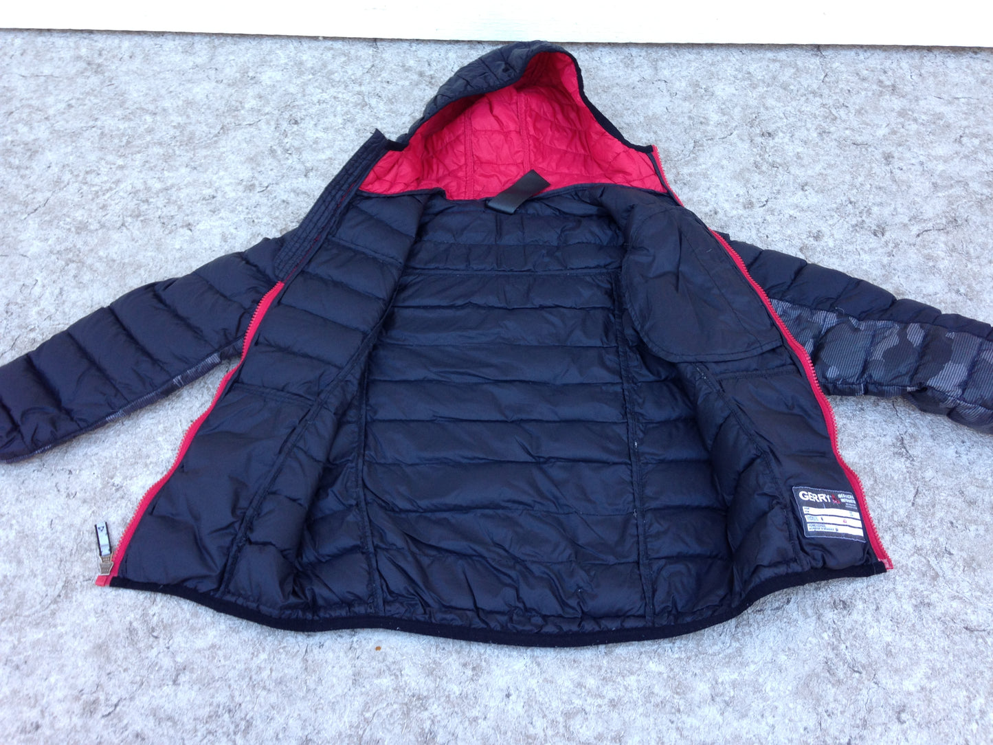 Winter Coat Child Size 7-8 Gerry Feather Down Filled Poly Jacket Black Red Grey