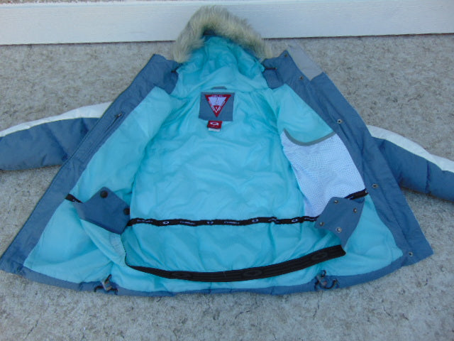 Winter Coat Ladies Size Small Oakley 80 % Goose Down Faux Fur Hat Grey Aqua Snow Belt New Demo Model Outstanding