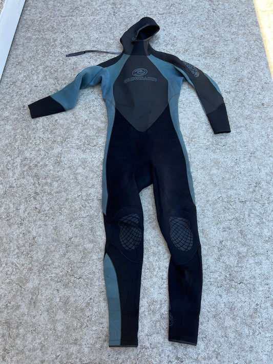 Wetsuit Child Size Youth  12-14 QuickSilver 4-5 mm Black Blue With Hood Some Wear and Pilling Still Works Great For The Surf
