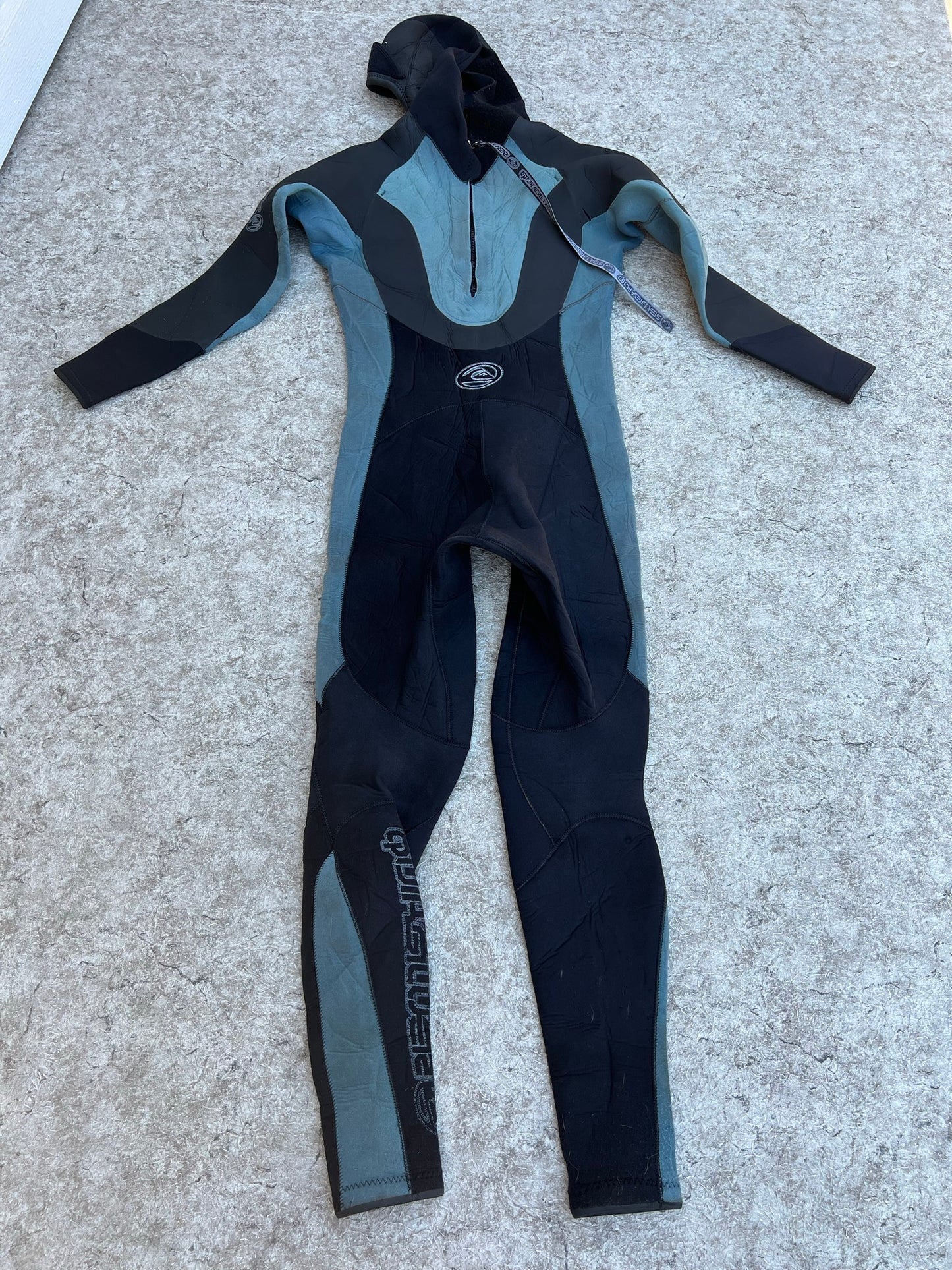 Wetsuit Child Size Youth  12-14 QuickSilver 4-5 mm Black Blue With Hood Some Wear and Pilling Still Works Great For The Surf