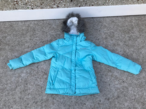 Winter Coat Child Size 10-12 Columbia 10-12 Down + Feathers Faux Fur Blue Excellent