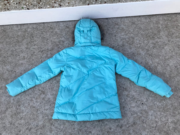 Winter Coat Child Size 10-12 Columbia 10-12 Down + Feathers Faux Fur Blue Excellent