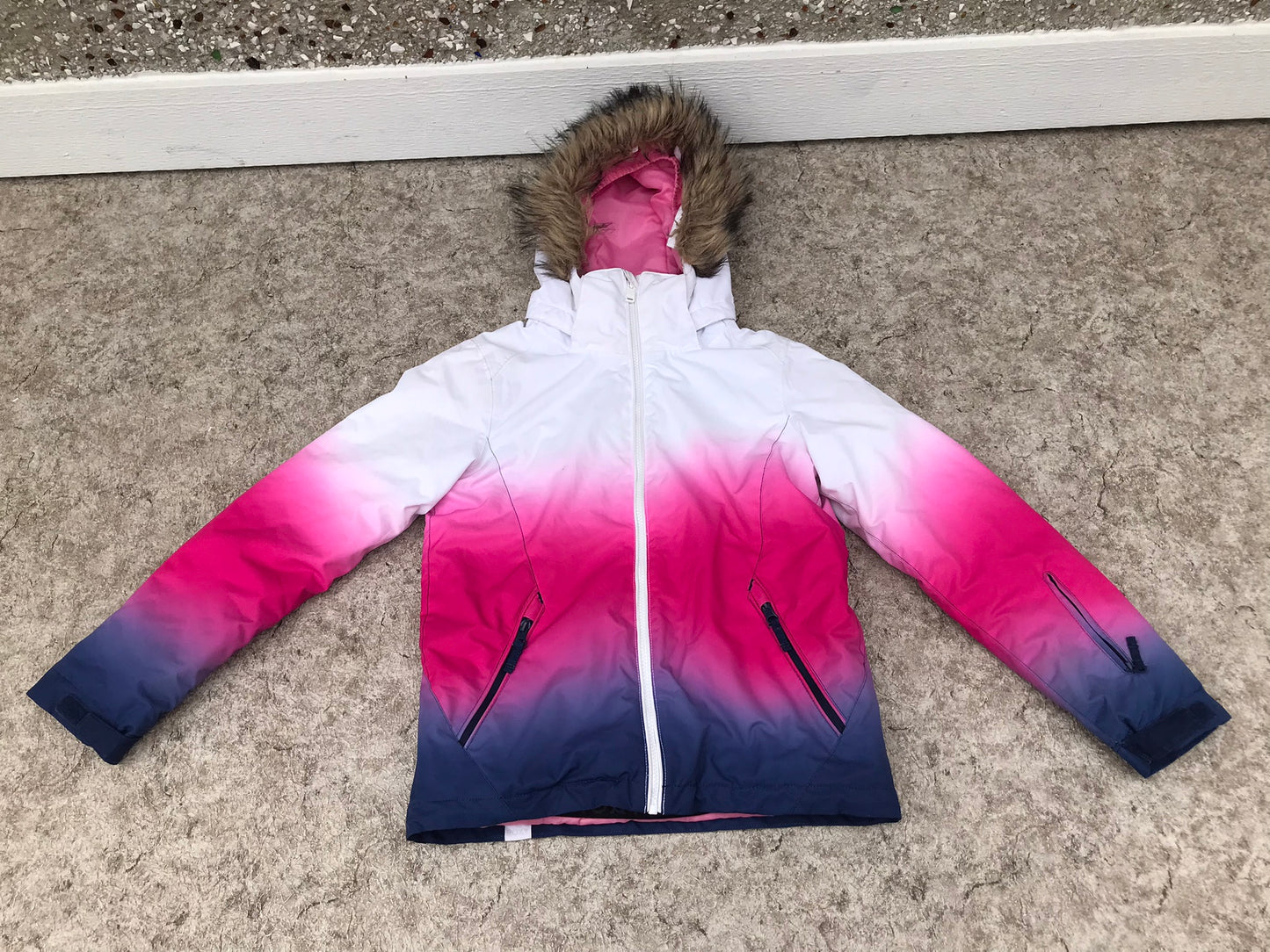 Winter Coat Child Size 12 Roxy Technical Snowboarding Faux Fur With Snow Belt Fushia White Denim New Demo Model